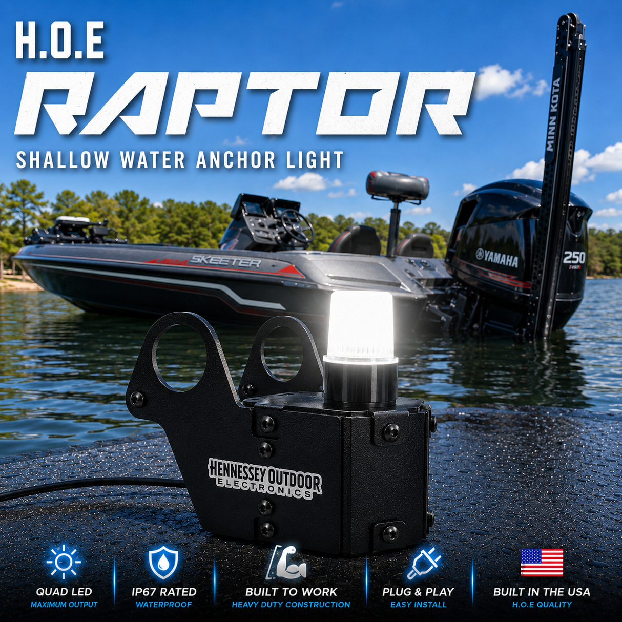 Hennessey Outdoor Electronics Raptor shallow water anchor light with a boat in the background.