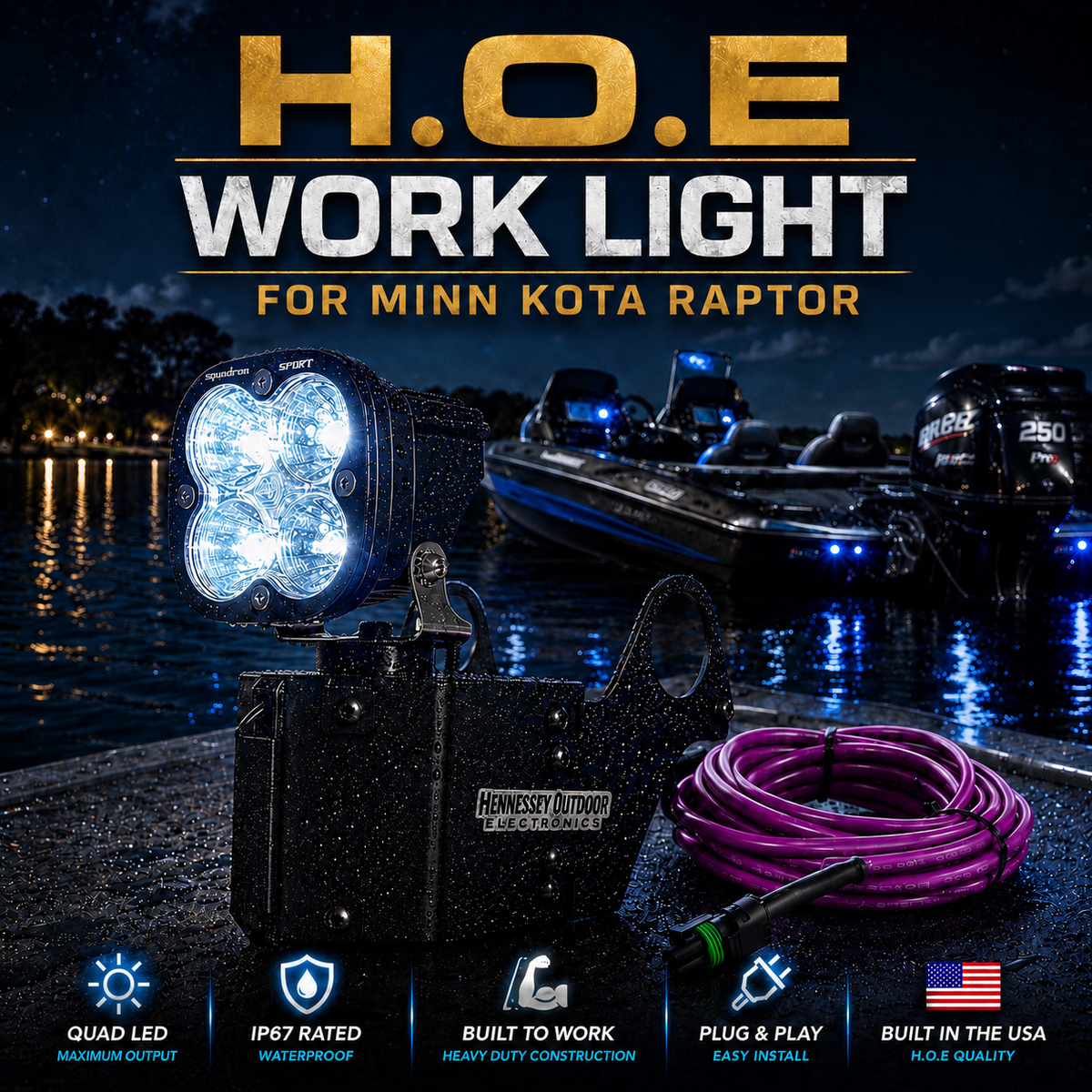 H.O.E work light for Minn Kota Raptor with boat and lake background