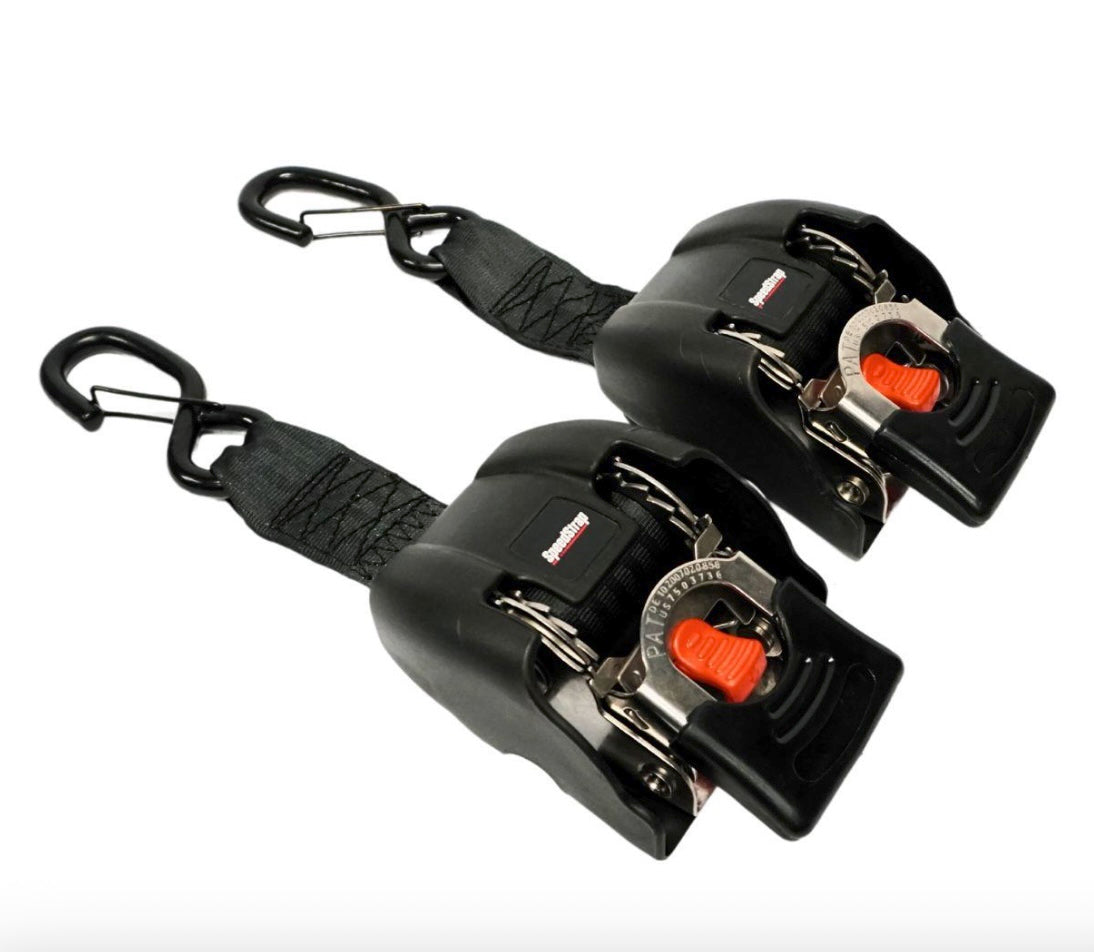 SPEEDSTRAP 2” X 43” STAINLESS STEEL RETRACTABLE MARINE TRANSOM TIE-DOWN STRAPS WITH SNAP S-HOOKS (2 PACK)